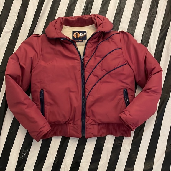 Vintage 80s 1st Down Sz 14 Burgundy & Navy Puff Sleeve 100% Goose Down Ski Coat - Picture 1 of 13